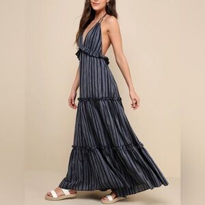 LULU’S Vacay Babe Navy Blue Striped Halter Maxi Dress